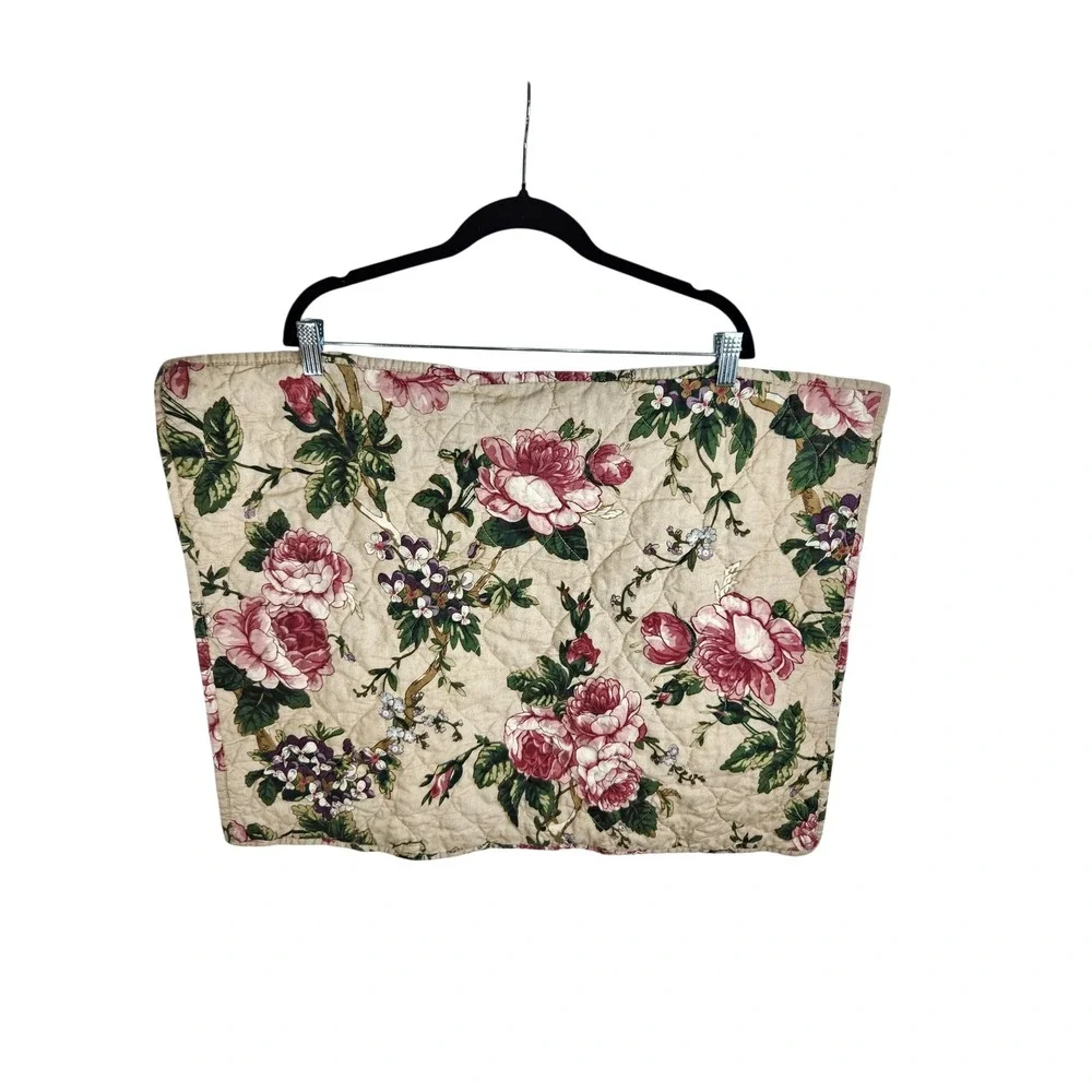 Pottery Barn Euro And Standard Shams Beige Pink Floral Quilted Cotton Linen